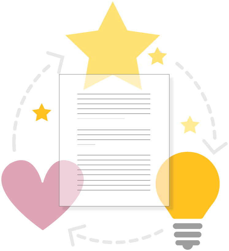 Graphic illustration of a sheet of paper surrounded by a star, lightbulb, and heart cycling around the document in a circle