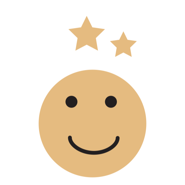 StoryFit Emoji - Mustard yellow face smiling confidently with stars above it in a square
