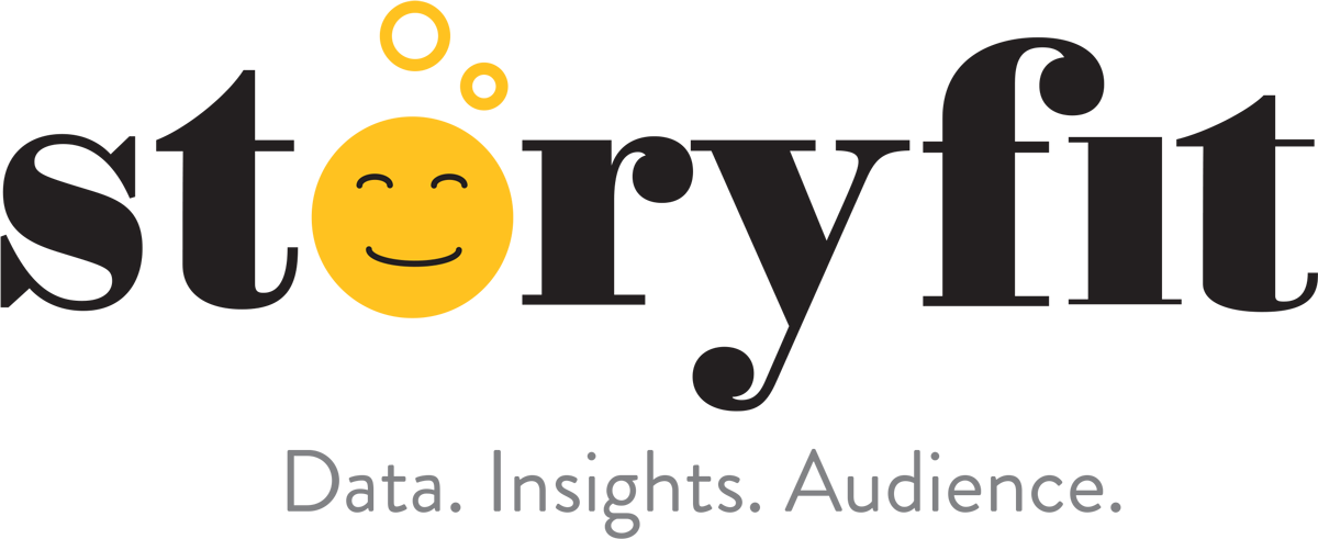 StoryFit Logo with Bold yellow face smiling with eyes closed in thought and Tagline, reading "Data. Insights. Audience"
